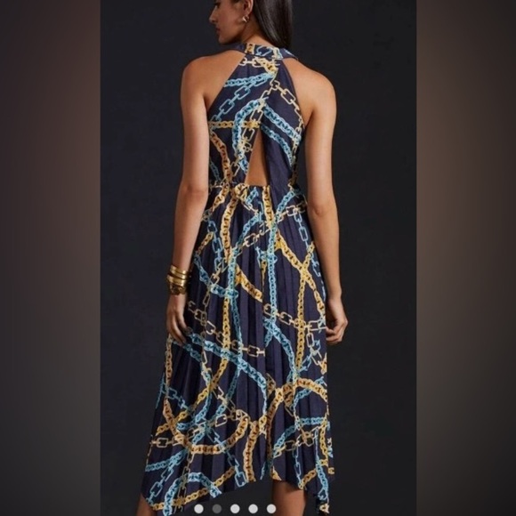 Maeve Anthropologie Chain Print Halter Midi Dress XS Keyhole Back Pleated - Picture 2 of 10